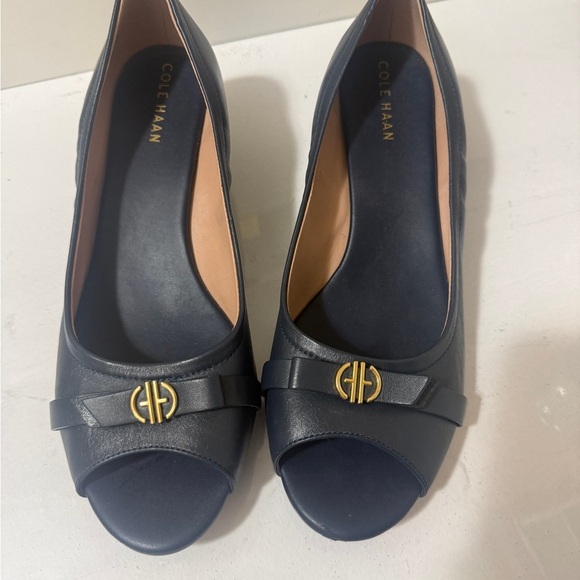 Cole Haan Shoes - Cole Haan Women's Navy Peep-Toe Flats with Gold Accent